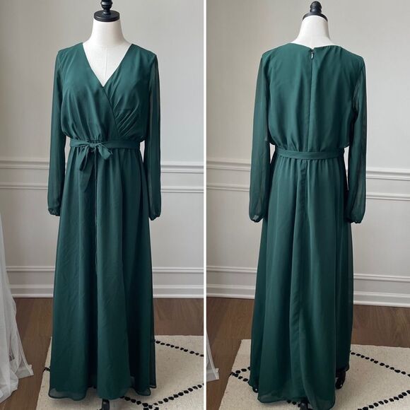 JJs House Dark Green Chiffon Long Sleeve Formal Gown Dress Prom Bridesmaid 10 - Picture 1 of 7